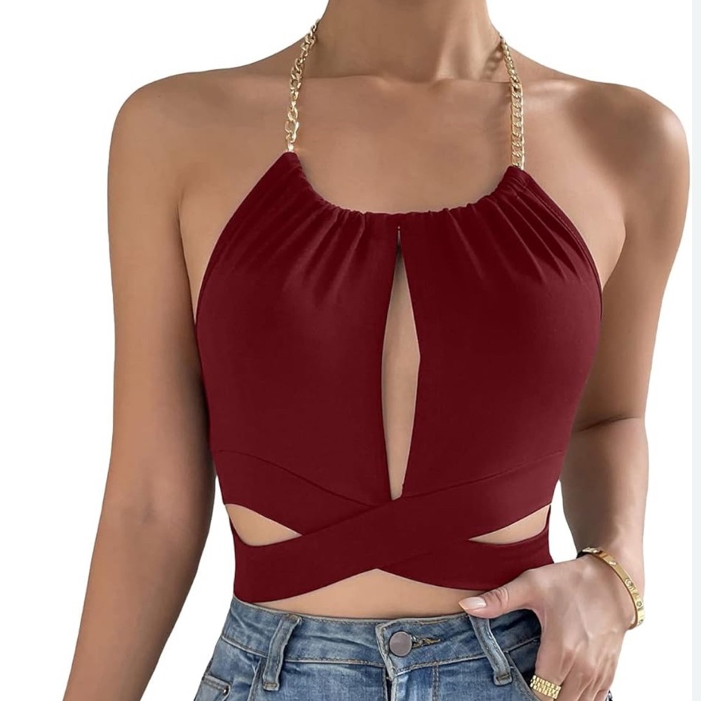 Women's Chain Halter Neck Sleeveless Front Cut Out Tie Back Crop Cami Top XS (2)